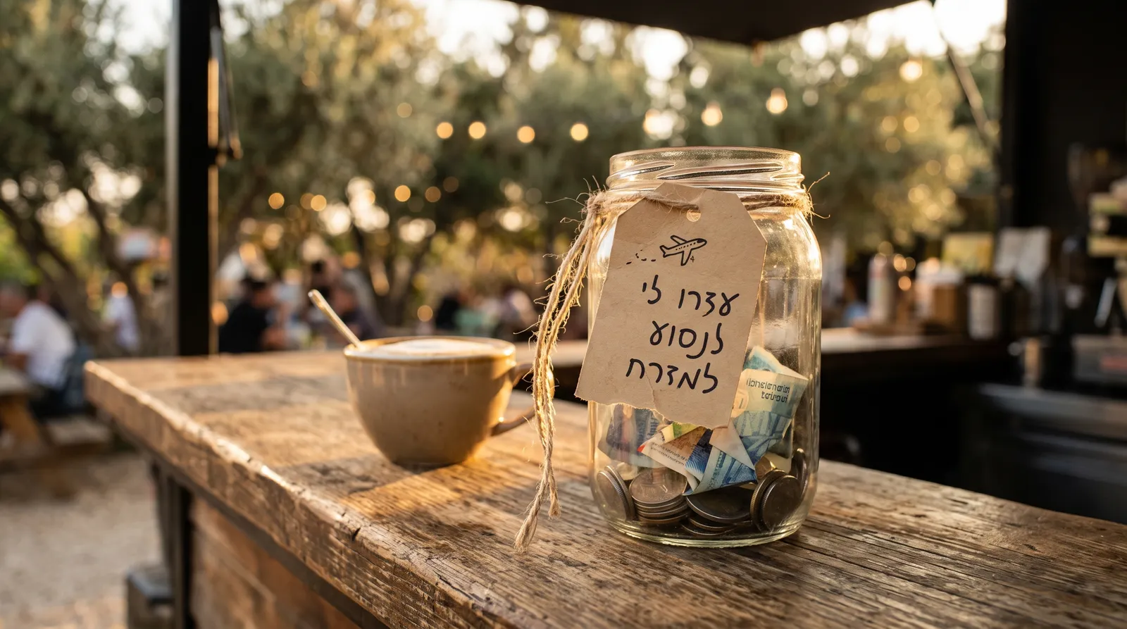 צנצנת טיפים על דלפק עץ של עגלת קפה, עם פתק: עזרו לי לנסוע למזרח